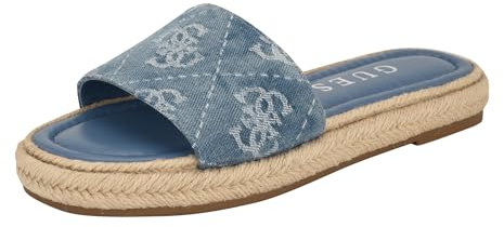 Guess Women's KATIC Flat Sandal, Medium Blue Denim Logo 420, 5