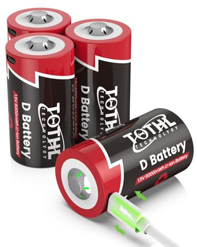 Pilas D recargables de 1,5 V D 6000 mWh de litio recargables con celdas D USB tipo C cable de carga LR20 batería de repuesto para linterna – 4 unidades