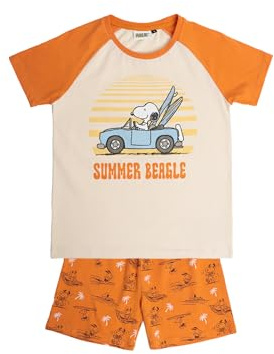 Peanuts Pijama niño Verano 100% algodón - Pijama Manga Corta Summer Beagle para niño – pantalón Corto con Cinturilla elástica Estampado – Tejido Suave al Tacto, Naranja - Talla 8 años