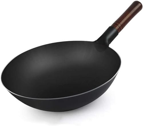 Hand Hammered Wrought Iron Wok Pan - Traditional Pre-Seasoned Round Bottom Stir-Fry Pan with Iron Shovel for Asian Cuisine, Earless Design