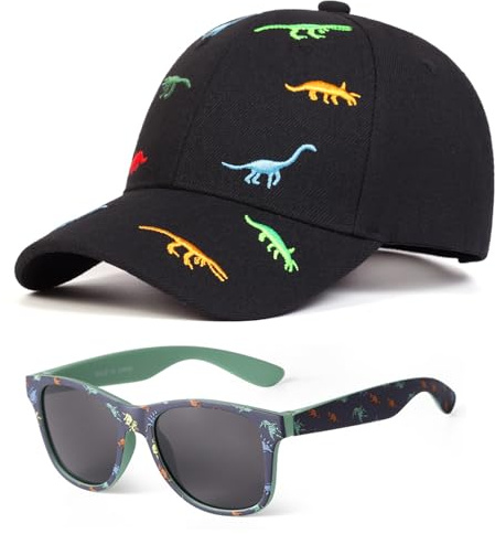 EDLMKM Toddler Baseball Cap and Sunglasses Set, Boys Sun Hat with Dinosaur Sunglasses, Kids Summer Baseball Caps, Cute Dinosaur Toddler Boy Sun Hats Summer Kids Trucker Cap 3-8 Years Black