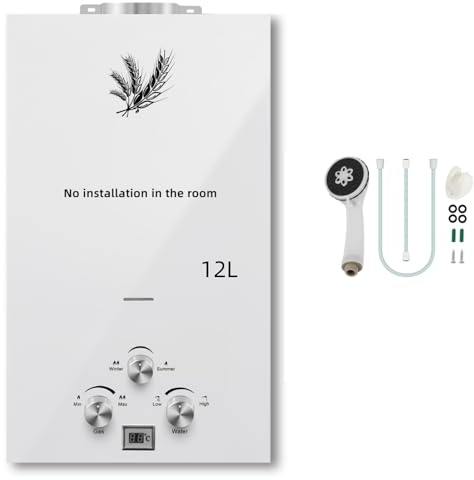 Calentador de Agua Instantáneo GLP 12L 24kW Portátil, Compatible Propano y Butano, Modos Verano e Invierno, Acabado Blanco, para Baño, Ducha Exterior y Camping