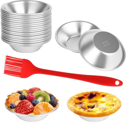 XCRPRT Moule Pasteis De Nata, Lot de 20 moules à tartelettes en aluminium - Avec pinceau en silicone - Réutilisables - Pour pudding, gâteau, cupcake, muffin