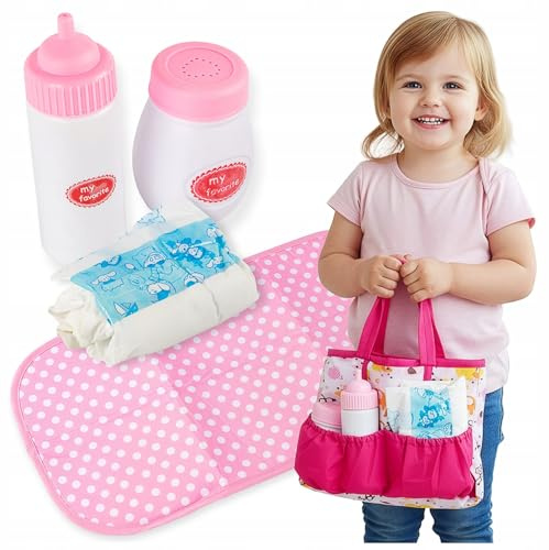 Kinderplay Set per la cura delle bambole con borsa per pannolini – accessori per bambole per giochi di ruolo, con bottiglia, pannolino e fasciatoio, idea regalo per ragazze dai 3 anni in su