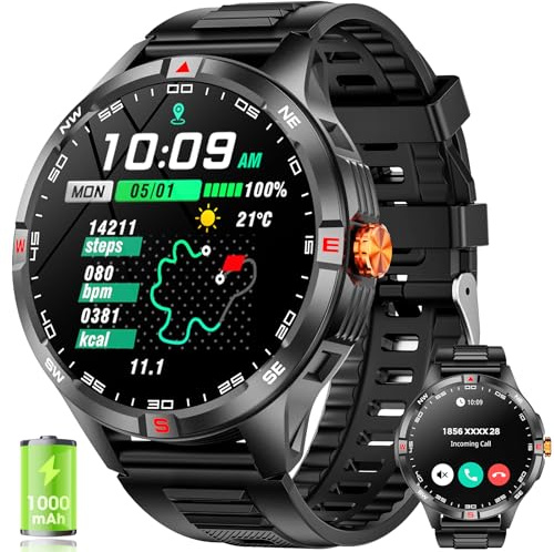 Mingdaln Orologio intelligente militare uomo con smartwatch da 1000 mAh, schermo HD da 1,46 pollici con chiamate Bluetooth, tracker fitness per Android/iPhone e modalità sport (Nero)