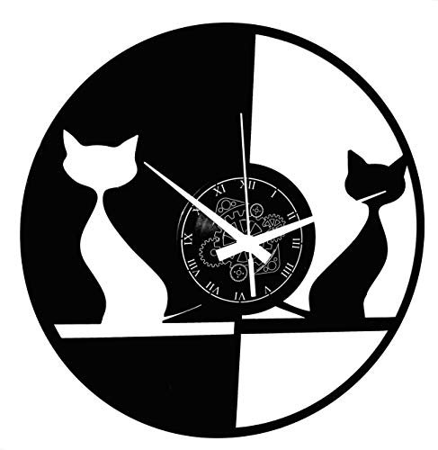 Instant Karma Clocks | Katzenpaar Wanduhr – Minimalistische Uhr mit Zwei Katzen aus Schallplatte | Geräuschlosem Quarzwerk | Geschenkidee für Küche, Schlafzimmer, Wohnzimmer