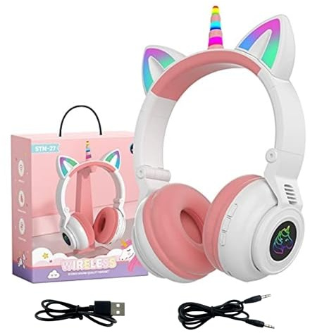 YUSONIC Unicorn Headphones for Girls, Unicorn Bluetooth Headphones Foldable for Girl Toddlers Tablet/pad/Amazon fire,Light Up Kids Wireless Headphone Birthday Gifts (White)