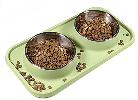 L.D.Dog Cat Food Bowls, Cat Bowls Non-Skid and Non-Spill Silicone Mats with Stand, Removable Stainless Steel Food and Water Dishes for Cats, Small Size Dogs (Olive Green)