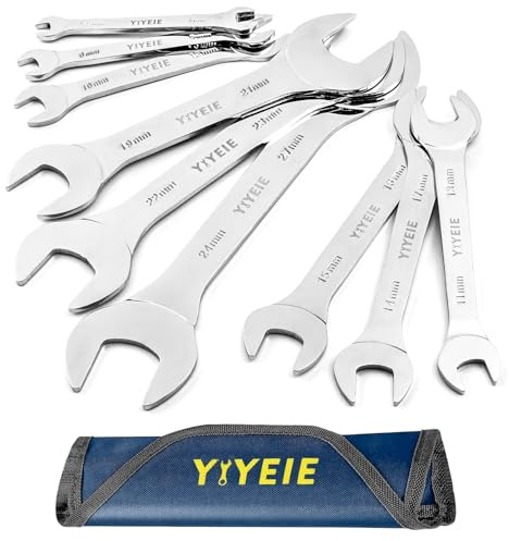 YIYEIE 9Pc. Super-Thin Open End Wrench Set, Metric 5.5, 7, 8, 9, 10, 11, 12, 13, 14, 15, 16, 17, 19, 21, 22, 23, 24, 27 mm, CR-V Steel, Ultra-Slim Flat Wrench Set with Roll-up Pouch