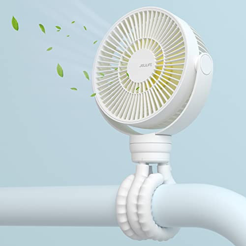 JISULIFE Ventilador Personal Portátil para Cochecito, Trípode Flexible【4000 mAh】 Ventilador de Mano a Pilas, Giratorio de 720°, con 4 Velocidades, Para Cunas y Asientos -Blanco