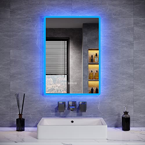 ELEGANT Backlit Bluetooth Bathroom Mirrors with Shaver Socket, 500 x 700 mm Illuminated Wall Mounted Bathroom Vanity Mirror with LED Lights and Demister Pad, Blue Atmosphere Light LED Smart Mirrors