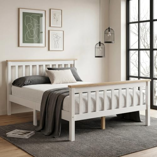 Panana Double Bed Solid Wooden Bed with Strong Slats, 4FT6 Bed for Adults, Teenager, Kids (White+Nature)