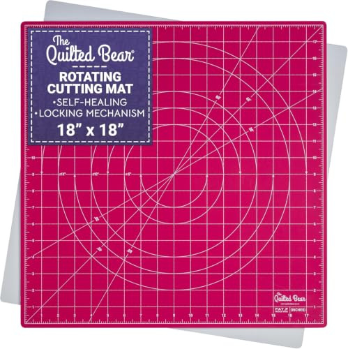 The Quilted Bear 18 x 18 Rotating Self-Healing Cutting Mat, Pink | Square Mat, 360° Rotation, Locking Mechanism, 5-Layer Surface, Non-Slip Base, Clear Inch Grid & Angle Guides for Quilting