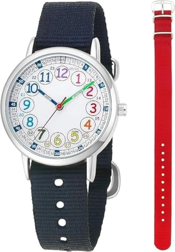 CHAOTECHY Montre-bracelet à quartz analogique pour enfants - 2 pièces - Bracelet interchangeable en textile - Pour apprendre à lire l'heure, Arc-en-ciel + rouge, Sangle
