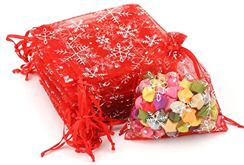 G2PLUS 9x12 cm Weihnachten Organzasäckchen, Rot Weihnachten Organzabeutel, 50 Stück Kleine Geschenk Organzabeutel, Schneeflocke Organzasäckchen mit Kordelzug für Geschenk Weihnachten Deko