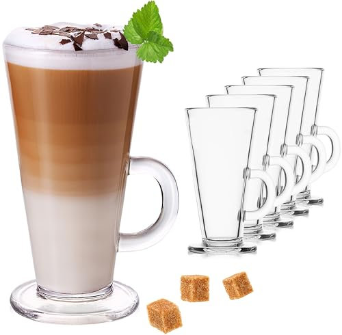 PLATINUX Juego de 6 vasos de café con asa, 270 ml, de cristal, para café helado, latte, macchiato, café latte