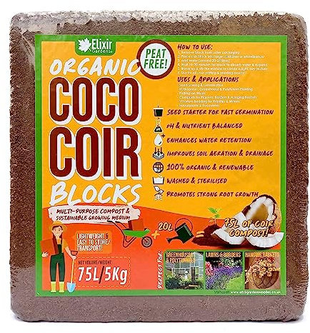 Elixir Gardens 75 Litre x 2 Organic Coco Coir Compost Blocks/Bricks Peat-Free Pre-Washed Compressed | Natural Peat-Free Growing Medium/Potting Soil & Reptile Vivarium Bedding