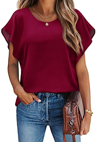 Hotouch Camicette da donna in chiffon pipistrello batwing tunica top manica corta camicia estiva casual, rosso vivo, M