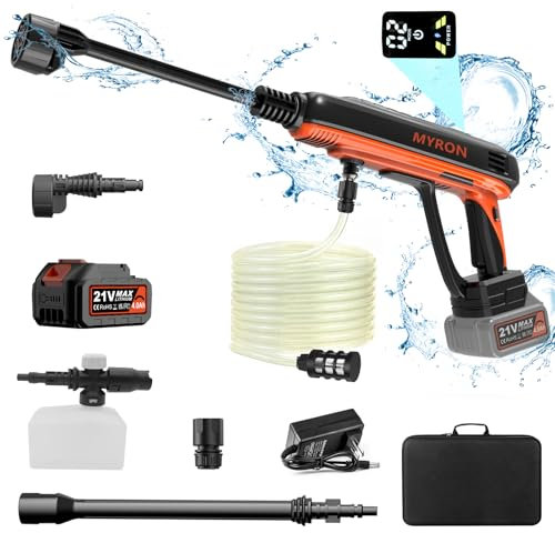 Akku Hochdruckreiniger, 21V Max 40Bar Mobile Akku-Hochdruckreiniger mit 4.0Ah Akku * 1, Tragbarer Hochdruckreiniger, 6-in-1 Multi-Sprühdüse 6M Schlauch für Auto, Terrasse, Fenster, Rasen, Pool