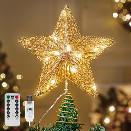 JOIEDOMI Punta per albero di Natale in metallo, 12 pollici, design radiale, 20 LED in oro bianco caldo, telecomando alimentato tramite USB, per decorazioni per albero di Natale, casa, vacanze, festa