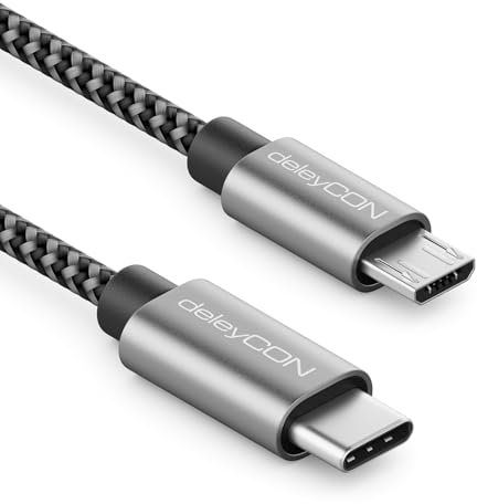 deleyCON 1m Cable Adaptador USB-C a Micro USB - Cable de Carga y Datos - para Móvil Smartphone Tablet Cámara Cargador Portátil, etc. - Negro