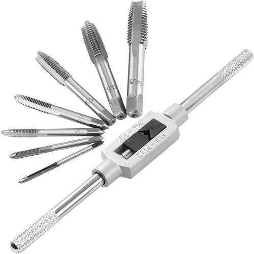 KEWAYO Gewindebohrer Set,8 Stück Lager Stahl Gewindeschneider Verstellbares PRO Windeisen, Gewindeschneidsatz mit geraden Nuthähnen für Hahnschlüssel 1/16 Zoll - 1/2 Zoll,M3-M12 Tap and Die Set