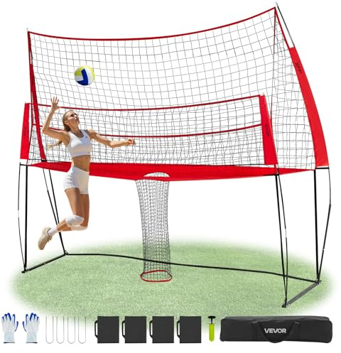 VEVOR 2-in-1 Volleyball Training Net System, Freely Height-Adjustable Practice Equipment with Ball Return, Portable Net Station, Easy Setup for Backyard Indoor Outdoor Serving Spiking Improve Accuracy