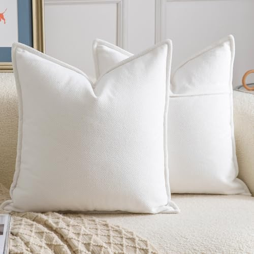 Madizz Juego de 2 Suave Chenilla Decorativo Funda de cojíns con Borde Neutras Fundas de Almohada Boho para Sofá Dormitorio Salón Blanco Cuadrado 50 x 50 cm