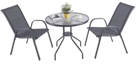 URBNLIVING 3 Piece Garden Bistro Set Round Glass Top Table & 2 Textilene Chairs Outdoor Patio Balcony Furniture Weather Resistant Metal Seating - Grey