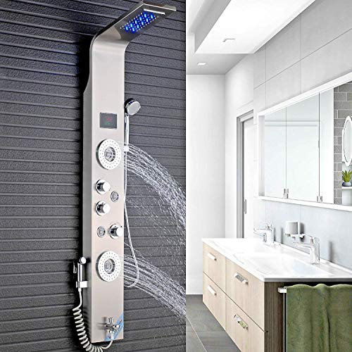 Pannello doccia a LED con funzione bidet in acciaio inox con indicatore di temperatura e 2 funzioni di massaggio, colore: nichel levigato
