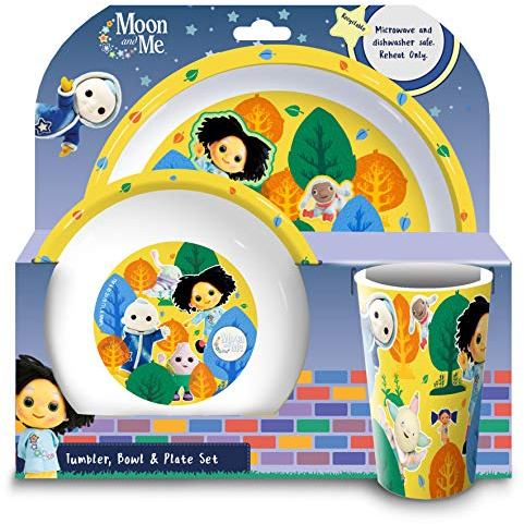 Moon and Me 3pcs Reusable Premium Kids Dinner Tableware Set | Plastic Dinnerware Sets Includes Toddler Cups, Plates and Bowls, 100% Safe, BPA Free & Certified Food Safe (US/EU) Material