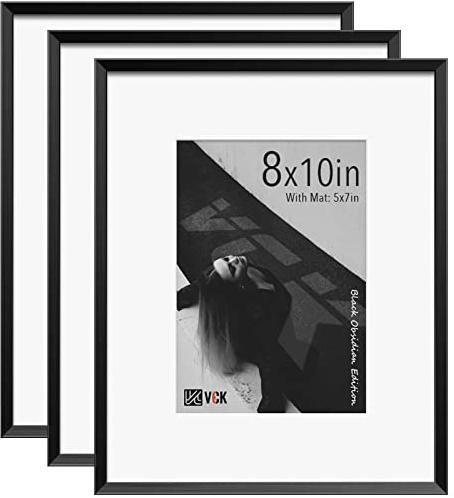 VCK 8x10 Aluminum Picture Frames Black Set of 3, Multi Metal Photo Frames Made of High Definition Real Glass for 5x7 with Mat or 8x10 Without Mat, 3 Pack Wall Hanging