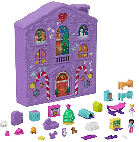 Polly Pocket - Calendario dell'Avvento, Design con Casa Invernale, 4 Piani con 8 Stanze, 25 Sorprese da Scoprire, Giocattolo per Bambini 4+ Anni, HHX84