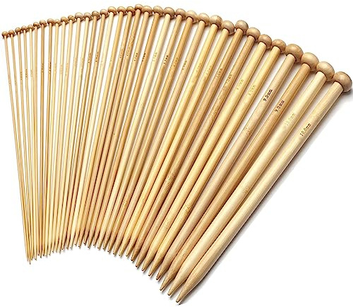 FACATH Set di ferri da maglia in bambù per principianti, adulti, 25 cm, punto singolo, 18 paia di ferri da maglia dritti in legno, misura US 2-10 (2,0-10,0 mm), ferri da maglia in legno per maglioni,