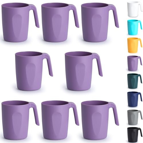 Berglander Tasses à café en plastique violet Set de 8 x 450ml, Gobelets avec poignées, Tasse d’eau réutilisable, Facile à transporter, Idéal pour la maison, Jardin, Pique-, Camping, Extérieur
