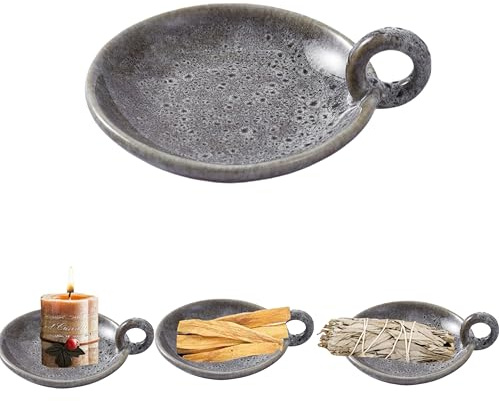 1pack Vintage Ceramic Candle Holders with Handle, Round Farmhouse Ceramic Plate Tray,Sage Holder for Burning,Incense Holder for Meditation Room Home Decor(Green)