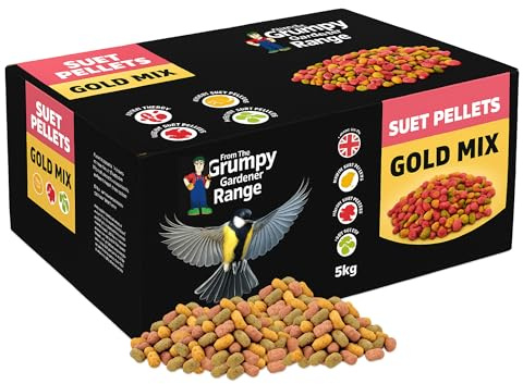 Grumpy Gardener Suet Pellets Wild Bird Food - 5Kg Bag of Gold Mix Suet Bird Food - No Mess, No Waste Premium Mixed Bird Feed with Beef Tallow, Peanuts, and Seeds