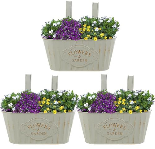 3Pcs Iron Hanging Flower Pots Fence Hangings Planters Metal Hanging Flower Bucket With Drainage Decorative Railing Planter Box Metal Bucket Planter for Porch Railing Balcony Fence Patio Garden