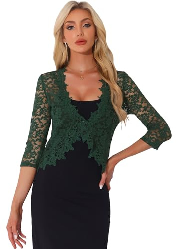 Allegra K Bolero de Encaje Floral para Mujer Manga 3/4 Formal Elegante Cárdigan paraa Boda Verde Oscuro XL