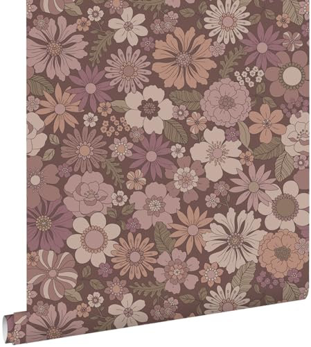 papier peint fleurs rétro vieux rose et violet aubergine 53 cm x 10.05 m - ESTAhome
