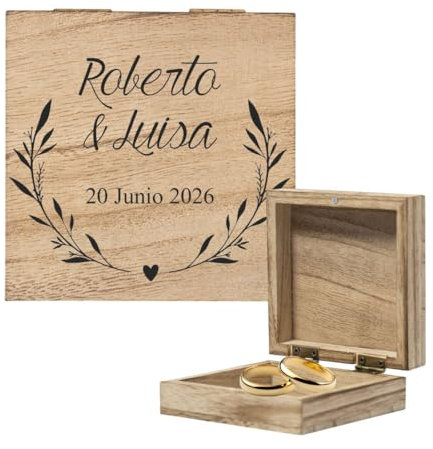 Nomart Caja Porta Alianzas Grabada de Madera, Porta Anillos de Boda, Porta Arras Personalizado, Para Llevar Anillos, Cajita Porta Alianzas