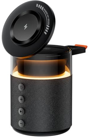 Altavoz Bluetooth 3 en 1 con luz Nocturna y Cargador inalámbrico, Compatible con iPhone 17/16/15/14/13/12 Pro MAX, Apple Watch y Auriculares con Carga inalámbrica, Viene con un Adaptador de 33W