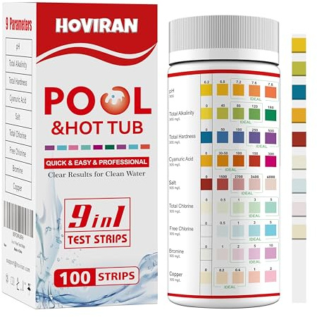 Pool Salt Test Strips, Hot Tub Test Strips 9 in 1, Accurate Pool Testing Kit for pH,Total Alkalinity,Salt, Copper,Total Hardness,Cyanuric Acid,Total Chlorine,Free Chlorine,Bromine, 100ct