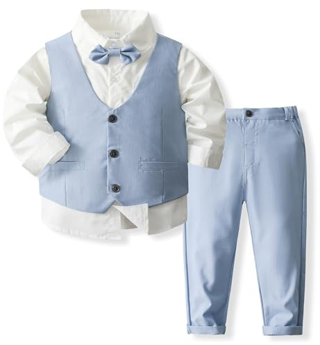 Yaopelky Conjunto de Traje Formal para bebé niño pequeño, Traje de Caballero con Chaleco con Pajarita, Vestido, Camisa, pantalón, Trajes de Boda para niños, Azul, 12-18 Meses