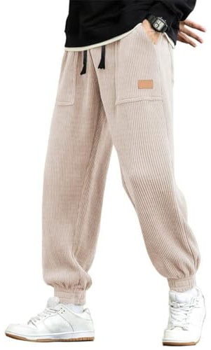 WINKEEY Pantaloni in Velluto a Coste da Uomo Pantaloni Cargo con Coulisse e Vita Elastica con 4 Tasche,Beige 3XL