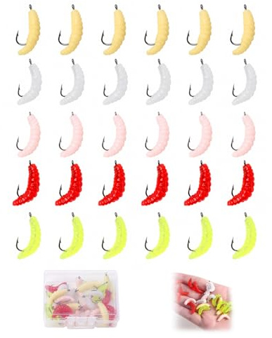 JOVYTH 30 Pezzi Esche Morbide Silicone Ossiuri con Ami, Esche da Pesca, Vermi Realistici per Trota Acqua Dolce, Esche Trota Esche Pesce Accessori Pesca