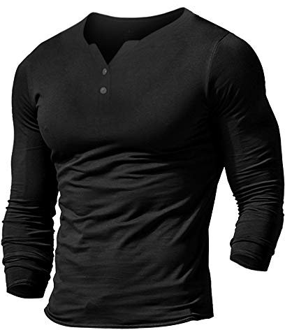 Mens Long Sleeve Henleys T-Shirts Buttons Placket Plain v Neck Cotton Shirts Cotton Style B Black M