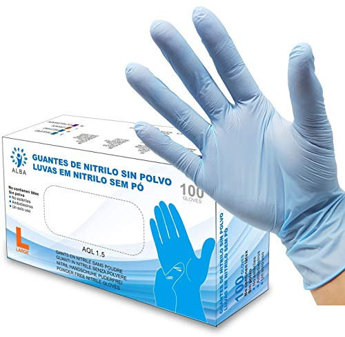 Guantes de Nitrilo Sin Polvo - Talla L - AQL 1.5 Guantes Desechables Ambidiestros Reciclables. Ideales para Uso de Alimentos, Limpieza, Bricolaje, Belleza, Industrial y Sanitario. Color Azul