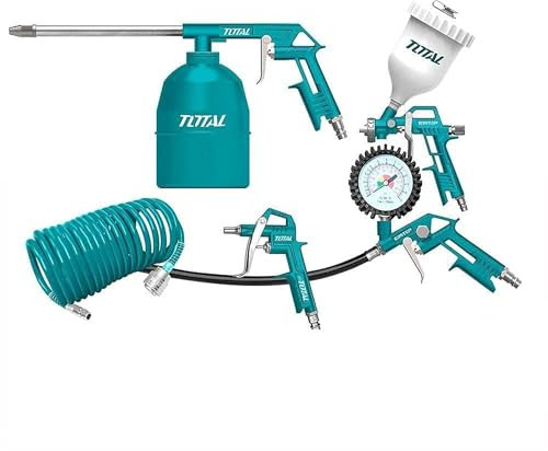 TOTAL - Set Da 5 Utensili Per Compressore Con Tubo A Spirale 4m, Pistola Ad Aria, Pistola A Spruzzo 600cc, Pistola Lavaggio 750cc E Pistola Gonfiaggio 12Bar