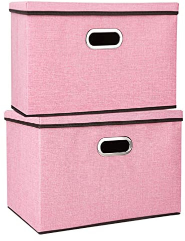 Youyijia 2 Pack Storage Boxes with Lids 45x30x30cm Large Collapsible Storage Baskets for Shelves Foldable Linen Fabric Storage Bins Cube Storage Unit for Organizing Clothes Toys(Pink)